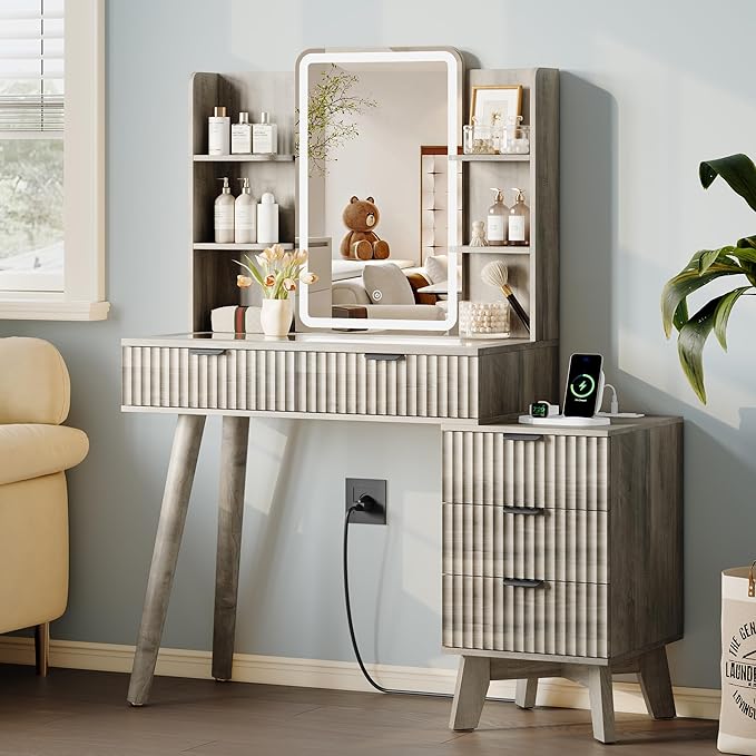 Fluted Vanity Desk with Mirror and Lights, 31.5" Glass Top Makeup Table Set with 5 Drawers, Power Outlet & Storage Cabinet, Large Dressing Table with RGB Ambient Light for Bedroom Women Girls, Grey