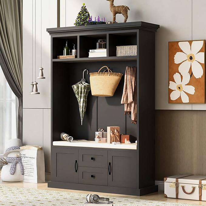 RUNNA Wooden 3-in-1 Hall Tree with 2 Cabinet and 2 Drawers,3 Open Shelves and 3 Hooks,Coat Hanger and Storage Bench,for Livingroom Hallway Entryway Use (Black@Hanger)