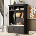 RUNNA Wooden 3-in-1 Hall Tree with 2 Cabinet and 2 Drawers,3 Open Shelves and 3 Hooks,Coat Hanger and Storage Bench,for Livingroom Hallway Entryway Use (Black@Hanger)