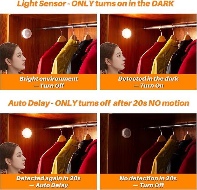 STAR-SPANGLED 6 Pack 2.8” Motion Sensor Lights Indoor AAA Battery Operated, Stick on LED Puck Light for Stairs, Under Cabinet, Closet, Warm White