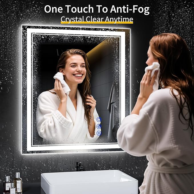 32"x28" LED Bathroom Mirror with Anti-Fog, Stepless Dimmable Lights, 3 Color Modes, Shatter-Proof Tempered Glass,Waterproof Design