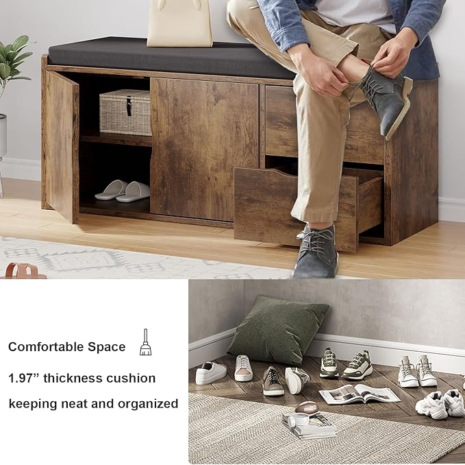 LVB Entryway Shoe Bench, Rustic Storage Bench with Cushioned Seating, Long Hidden Shoe Organizer Bench with 2 Drawers, Industrial Wooden Shoe Benchs in Hallway Living Room Bedroom, Rustic Brown, 40in