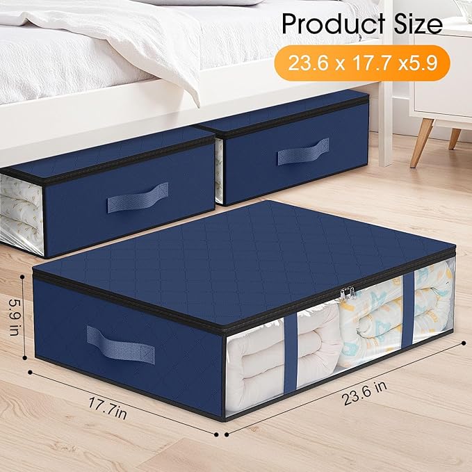 StorageRight Under Bed Storage Bags 4 Pack, 40L Large Clothes & Comforter Storage Containers with Clear Window, Breathable Fabric Organizer for Blankets, Bedding, Seasonal Clothing, Blue