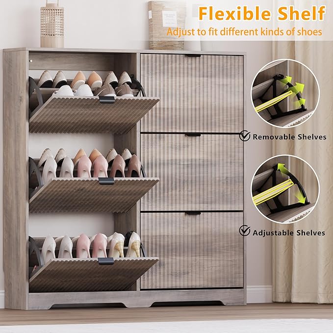 Large Shoe Cabinet for Entryway, Tall Narrow Shoe Storage Cabinet with 6 Flip Drawers and Adjustable Shelves, Shoe Rack Cabinet Organizer for Hallway, Foyer, Small Apartment