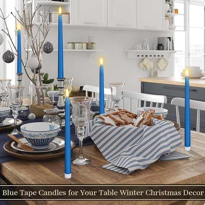Macarrie 24 Packs Flameless Taper Candles Battery Operated Fake 11 Inch Long Candlelight LED Flameless Candlesticks Flickering Tapered for Spring Summer Wedding(Blue)