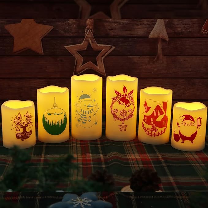 CANDLE CHOICE Waterproof Outdoor Christmas Battery Operated Flameless Candles with Remote Auto Timer Realistic Flickering Electric LED Pillar Lights with Christmas Decals for Xmas Decorations 6 Pack