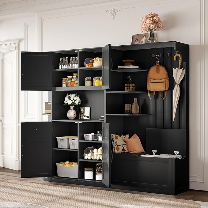 Multifunctional Hall Tree with 4 Hooks, Wood Hall Tree with Open Shelving and Flip Hidden Shelf, Left-Right Combination Coat Rack (can be Used Separately), Entryway Bench (Black/45c)