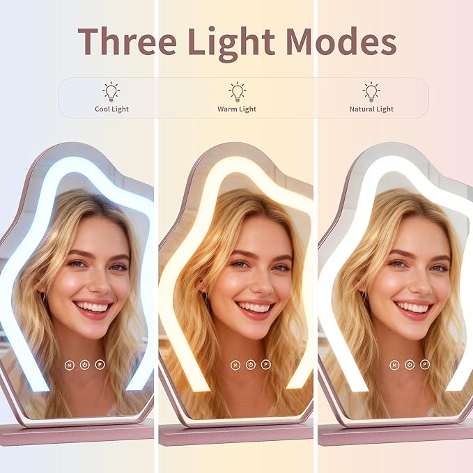 Makeup Mirror with Lights - 17″ Cloud Shaped Smart Touch 3-Color Dimmable 360° Rotation Memory Metal Frame Plug-in AC Power Tabletop Vanity Mirror Gift for Women Teen Girls Rosegold