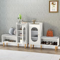 HLR Storage Bench Set of 2, White Modern Entryway Shoe Cabinet Bench with Glass Door&Shelf, L-Shaped Storage Cabinet with Padded Seat for Hallway, Bedroom, Living Room, Office