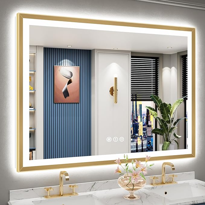 55x40 Gold Beveled LED Bathroom Mirror with Lights, Brushed Gold Framed Backlit and Front Lit Anti-Fog Lighted Vanity Mirrors for Bathroom Wall, Dimmable, 3 Colors, Memory, HD Tempered Glass