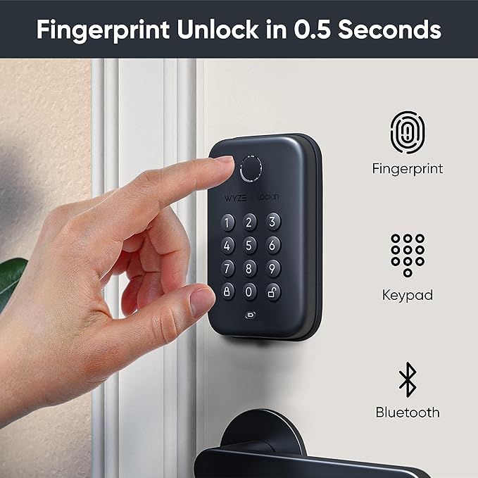Wyze Auto-Lock Bolt, Fingerprint Unlock with Keypad, Electronic Digital Entry Door Smart Deadbolt Lock, IPX5 Weatherproof, Easy Installation, Matte Black