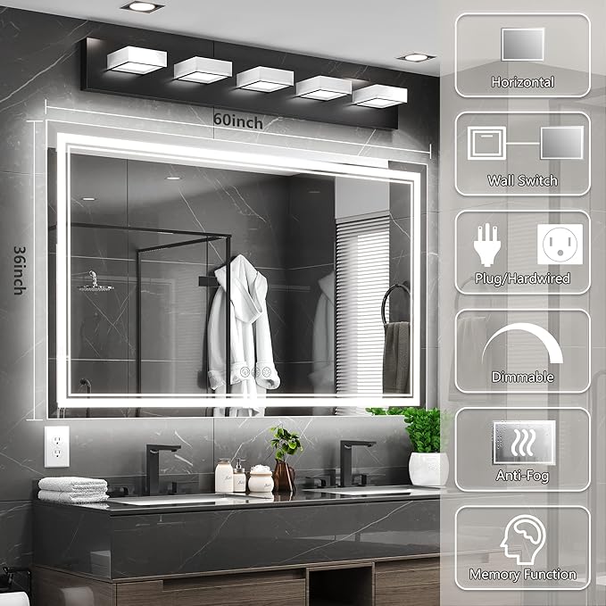 60x36 Inch Led Mirror for Bathroom with Front Light and Backlit, Bathroom Mirror with Led Lights, Vanity Mirror with Lights for Wall, Anti-Fog, Dimmable, Memory Function, Tempered Glass
