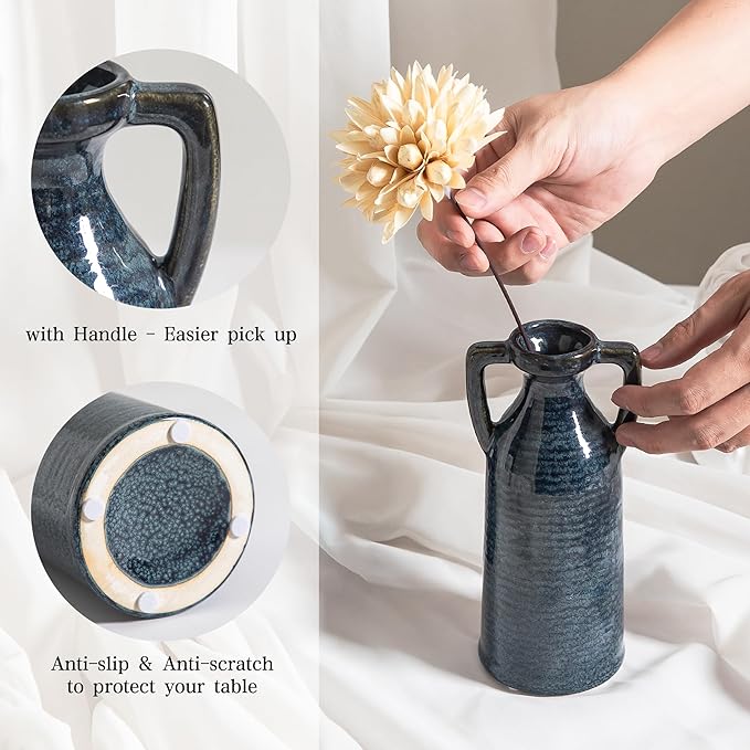 Ceramic Vase Set of 3 - Rustic Vases Set for Flower Centerpieces Pampas Grass - 3 Blue Bud Vase for Decor - Modern Decoration Terracotta Vases for Home Farmhouse Table Office, Mini Pottery Vase
