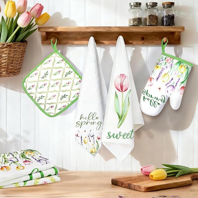8 Pcs Tulip Floral Spring Style Kitchen Towels and Oven Mitts and Pot Holders Sets 4 Dish Towels 2 Absorbent Square Potholders 2 Heat Resistant Glove for Cooking Baking Home Gifting ﻿