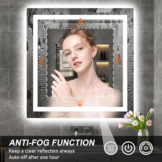 LED Mirror for Bathroom 36x36 Lighted Bathroom Vanity Mirrors with Lights, Brighter Frontlit and Backlit Anti-Fog Mirror, Tempered Glass, Dimmable 3 Colors Light Modes, Memory Function