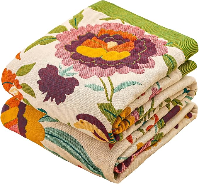 Boho Throw Blanket for Bed Couch 100% Cotton Ultra Soft Large Rustic Quilt King Blanket,Bird Floral Printed Farmhouse Bed Blankets 90"×98", Decorative Reversible Muslin Bed Cover for All Seasons