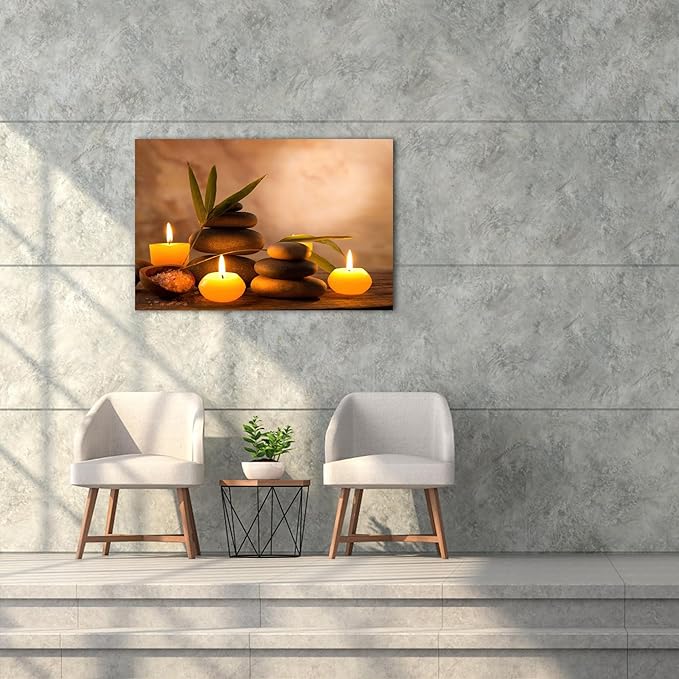 Zen Wall Art Decor, Modern Bathroom Zen Decor Wall Art, Zen Relaxing Canvas Wall Art for Spa Room Decor, Black Pebble and Lighted Candles Zen Art Prints for Office & Spa Wall Decor 18x24 Inches