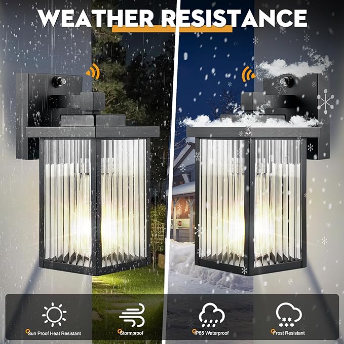 2 Pack Dusk to Dawn Outdoor Lighting, Modern Wall Sconce with Textured Glass, Waterproof IP65 Exterior Light Fixture, Soft Glow Warm Ambiance for Front Door Porch Garage, 10.6 Inch Height, Black