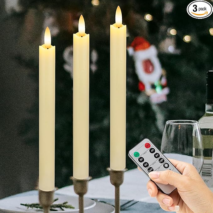 Flameless Taper Candles with Remote, Real Wax Battery Operated LED Candles with 3D Flickering Flame, 9.6" 3PCS Ivory Realistic Dripless Candlesticks for Home Wedding Decor, Mother's Day Gifts