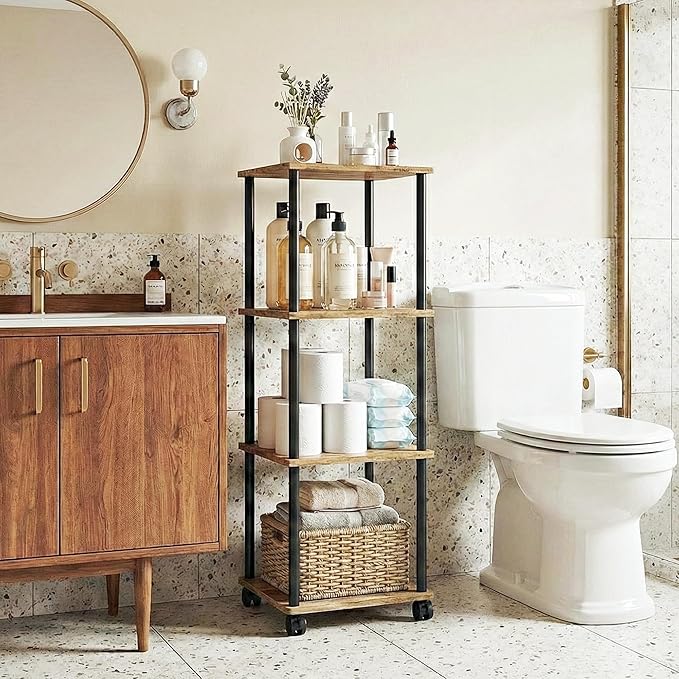 Bathroom Shelving Unit with Wheels, 4-Tier Narrow Open Floor Shelves, Metal Corner Slim Storage Rack for Bathroom Laundry Room Kitchen Living Room, Rustic Brown
