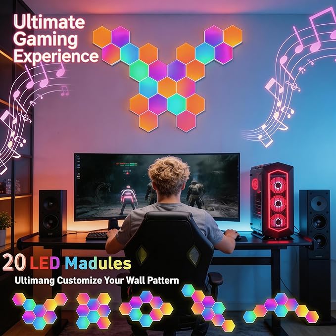 Hexagon LED Light Wall Panels – RGB Smart Gaming Light with App, Remote and Music Sync, Modular Gaming Wall Decor for Bedroom, Game and Living Room(20-Pack)