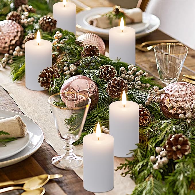 Eldnacele Flameless Pillar Flickering Candles With Remote and Timer - Battery Operated 3D Wick Real Wax LED Set of 6 White - Christmas Holiday Decor Wedding Home Indoor Decorations
