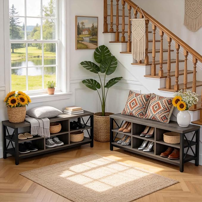 FATORRI Shoe Bench Entryway with Storage, Industrial Wood and Metal Hallway Benches with Adjustable Shelves, Rustic Entry Way Bench for Living Room (47.24 Inch Long, Walnut Brown)