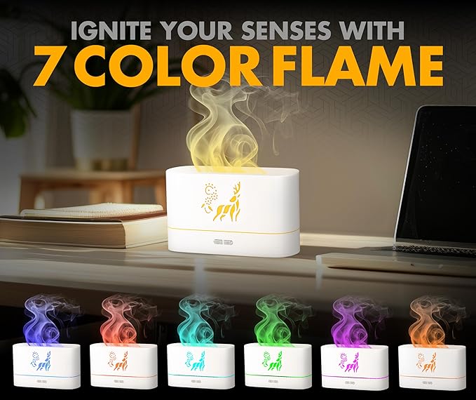 Colorful Aroma Essential Oil Diffuser for Home, Quiet Cool Mist Flame Humidifier for Bedroom with Remote, Fire Flame Diffuser Humidifier with Scent (White)