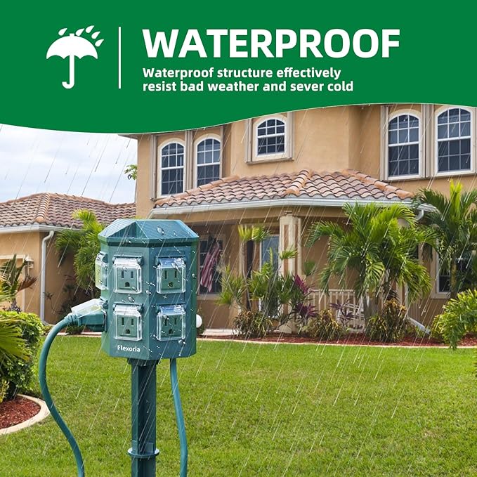 Outdoor Power Stake Timer, Remote Control Dusk to Dawn Light Timer, 25FT Extension Cord Waterproof, 6 Grounded Outlets for Graden and Yard Decorations, ETL Listed