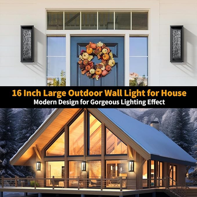 16'' LED Outdoor Wall Lights 2 Packs, 3000K Porch Lights Outdoor Sconce Lights with Water Ripple Glass, Modern Exterior Lighting Fixtures Outdoor Lantern, Outside Lights for House Garage Patio, Black