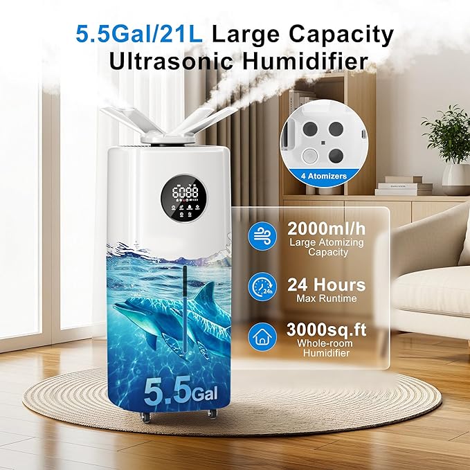 Uthfy 5.5Gal/21L Humidifier for Large Room 3000sq.ft, 2000ml/h Dual 360° Nozzles Ultrasonic Humidifiers for Bedroom, Remote/Touch Control,4 Atomizing Plates, Top Fill, 12H Timer