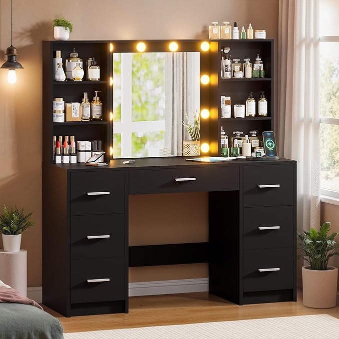 Vanity Desk with Mirror and LED Lights, Large Vanity with 7 Drawers and 6 Shelves, Make up Vanity Dressing Table with Charging Station for Girls, Women (Black)