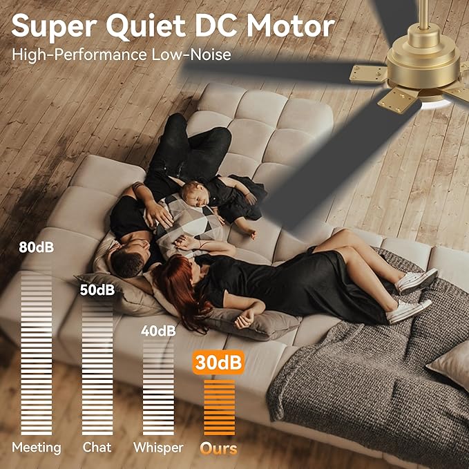 52Inch Smart Ceiling Fan with Lights Remote,APP&Alexa WIFI Controled,Quiet Reversible DC Motor,Dimmable LED,Indoor Outdoor Modern Ceiling Fan,for Living Room Bedroom Patio Porch,Gold White&Black