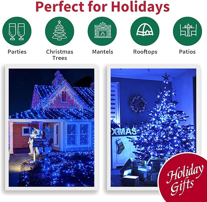 LAMPHOME 165FT 500 LED Blue Christmas Lights,16 Modes Connectable Fairy String Lights, Plug in Indoor Outdoor Blue Lights for Xmas Tree, Party, Garden, Hanukkah, Independence Day Patriotic Patio Decor
