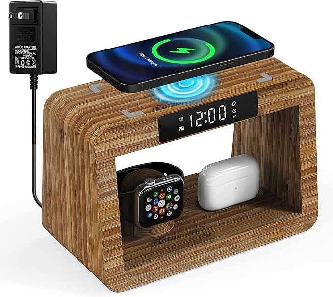 Bamboo Charging Station for Multiple Devices, 15W Fast Wireless Charger Night Light with 3 Color& 4 Adjustable Brightness, Night Stand Charger Station for iPhone/iWatch/AirPods (6955)