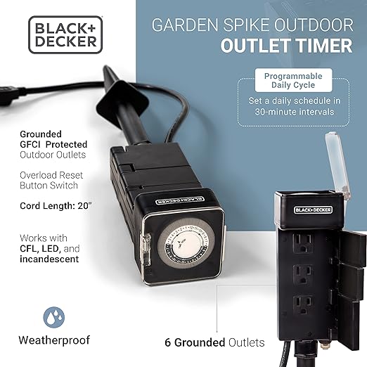 BLACK+DECKER Garden Timer Stake with 6 Grounded Outlets - Waterproof Outlet Timer with 30-Minute Intervals for Lights, Tools - Outdoor Power Stake with Overload Protection - Premium Light Timers