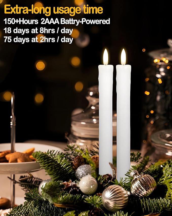 9.6" Flickering Flameless Taper Candles with Remote Timer, White LED CandleSticks, Box of 6 Long Battery Operated Candles for Window, Table, and Mantel Decor