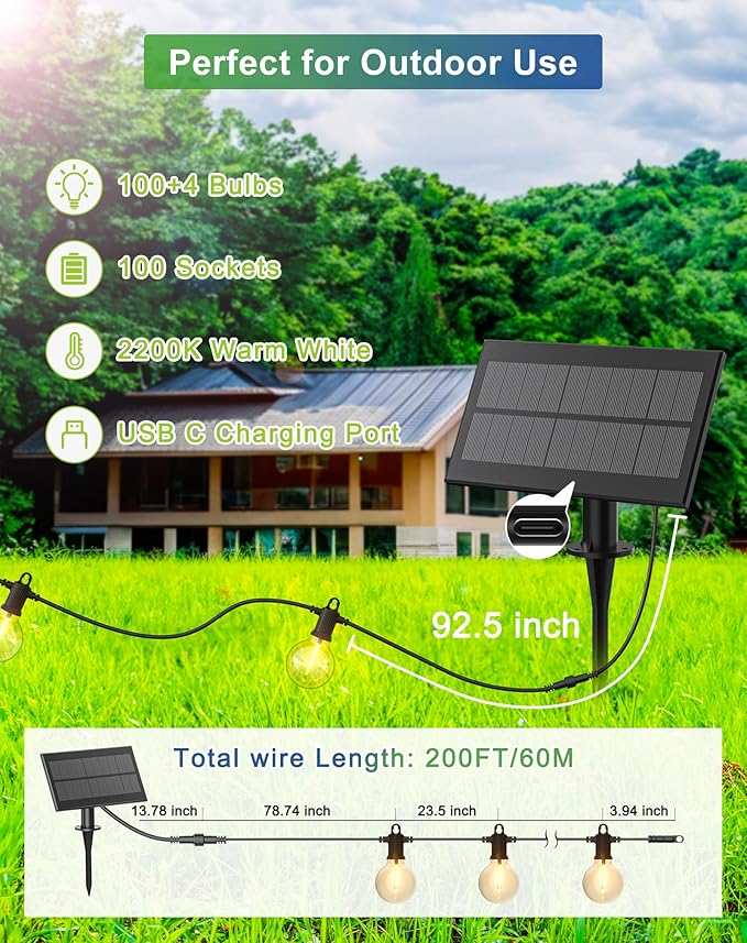Solar String Lights Outdoor Waterproof 200FT with USB Port and 100 Shatterproof G40 Bulbs(3 Spare), LED Solar Powered Patio Lights for Outside, Porch, Backyard, Gazebo, Garden(Warm White)