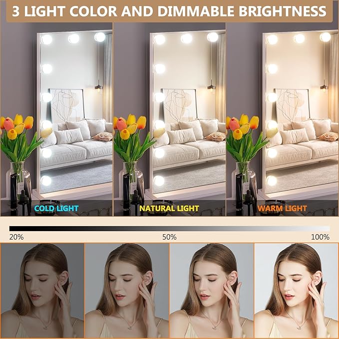 Fenair Large Vanity Mirror with Lights and Speaker Hollywood Lighted Makeup Mirror with Sturdy Base, 18 Dimmable LED Bulbs, 3 Light Colors, USB Charge Port