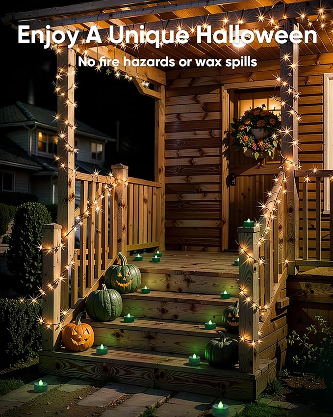Amagic 30 Pcs Green Flickering Flameless Tea Lights Battery Operated, 200+ Hours Long Lasting Colored Candles for Party, St. Patrick, Table Centerpiece, Home Decor, Mardi Gras, Halloween, Christmas