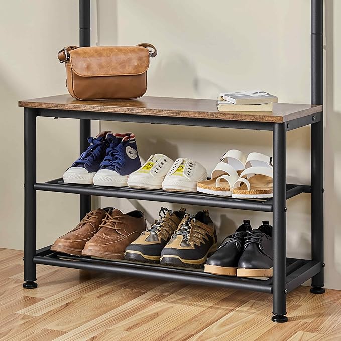Yaheetech Coat Rack, 3-in-1 Hall Tree with Bench and Shoe Storage, Freestanding Entryway Bench with Coat Rack, Industrial Entryway Shoe Storage with 9 Hooks and 3 Shelves, Easy Assembly, Rustic Brown