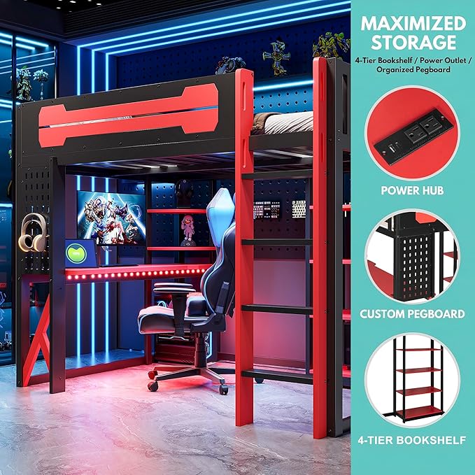 MERITLINE Ultimate Gaming & Study Loft Bed: Full Size Wood Frame with Integrated Desk, RGB Lights, Charging Station, Bookshelf & Pegboard (Black+Red)