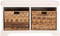 SAFAVIEH Home Collection – Freddy Vintage White Storage Bench with Wicker Baskets & Cushion, Entryway Seating Bench, Fully Assembled (AMH5736D)