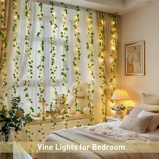JMEXSUSS Vines Lights for Bedroom, 200 LED Vines Fairy Lights, Artificial Ivy Leaf Light for Wall Curtain Wedding Party Christmas Indoor Decor, 6.5ft x 6.5ft with Remote (Pack of 2)