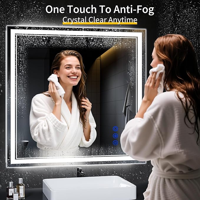 36"x36" LED Bathroom Mirror with Anti-Fog, Stepless Dimmable Lights, 3 Color Modes, Shatter-Proof Tempered Glass,Waterproof Design
