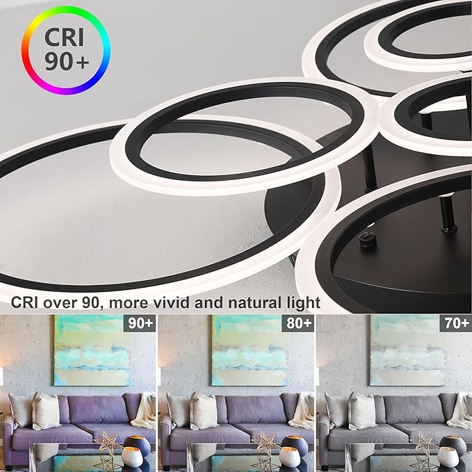 Modern LED Ceiling Light 41inch with Remote Dimmable 8 Ring Flush Mount Ceiling Light Fixture for Living Room Bedroom Kitchen Dining Room (Black)