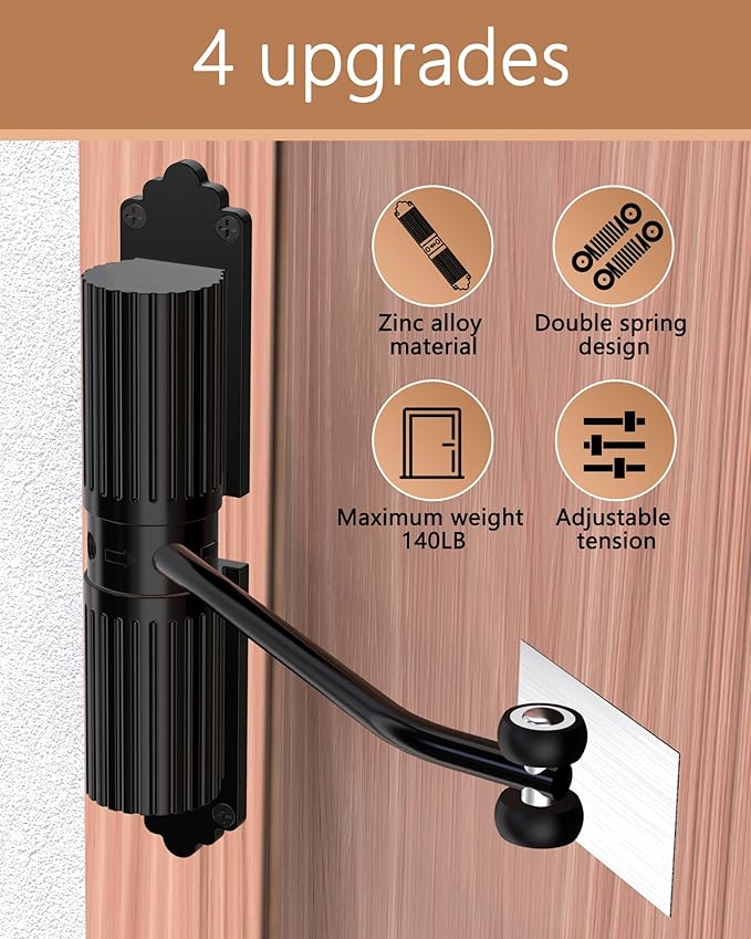 2 Pack Black Safety Spring Door Closers - Adjustable, Metal, Self Closing, Up to 140LB