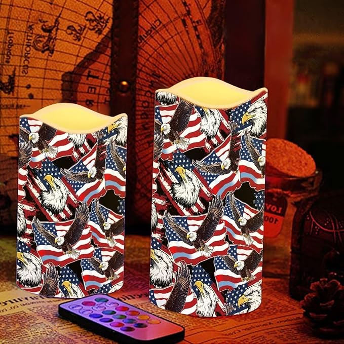 Star Stripes Patriotic Electric Candle American Flag Bald Eagle Print Flameless LED Flickering with Timer Independence Day Patriotic Light for Fireplace Living Room Decor, 4 Pack