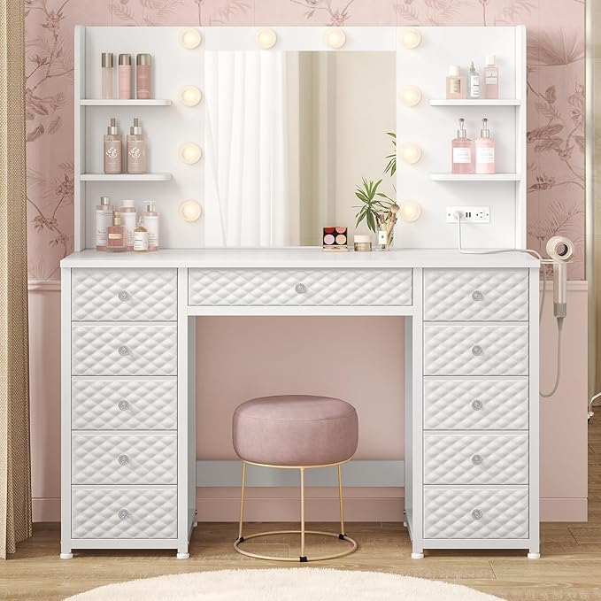 Vanity with Lights and Mirror, 11 Drawer Makeup Vanity with Power Strip, 6 Open Shelves, 43.3” Vanity Desk with Storage, Dressing Table with 3 Color Modes for Bedroom, Women, Girls (White)