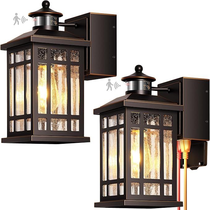 Oil-Rubbed Bronze Outdoor Motion Sensor Light with GFCI Outlet, 2-Pack Porch Lights Outdoor with Gold Trim, Dusk to Dawn lighting Wall Mount with Bubble Glass, Outside Sconces for Garage, Patio